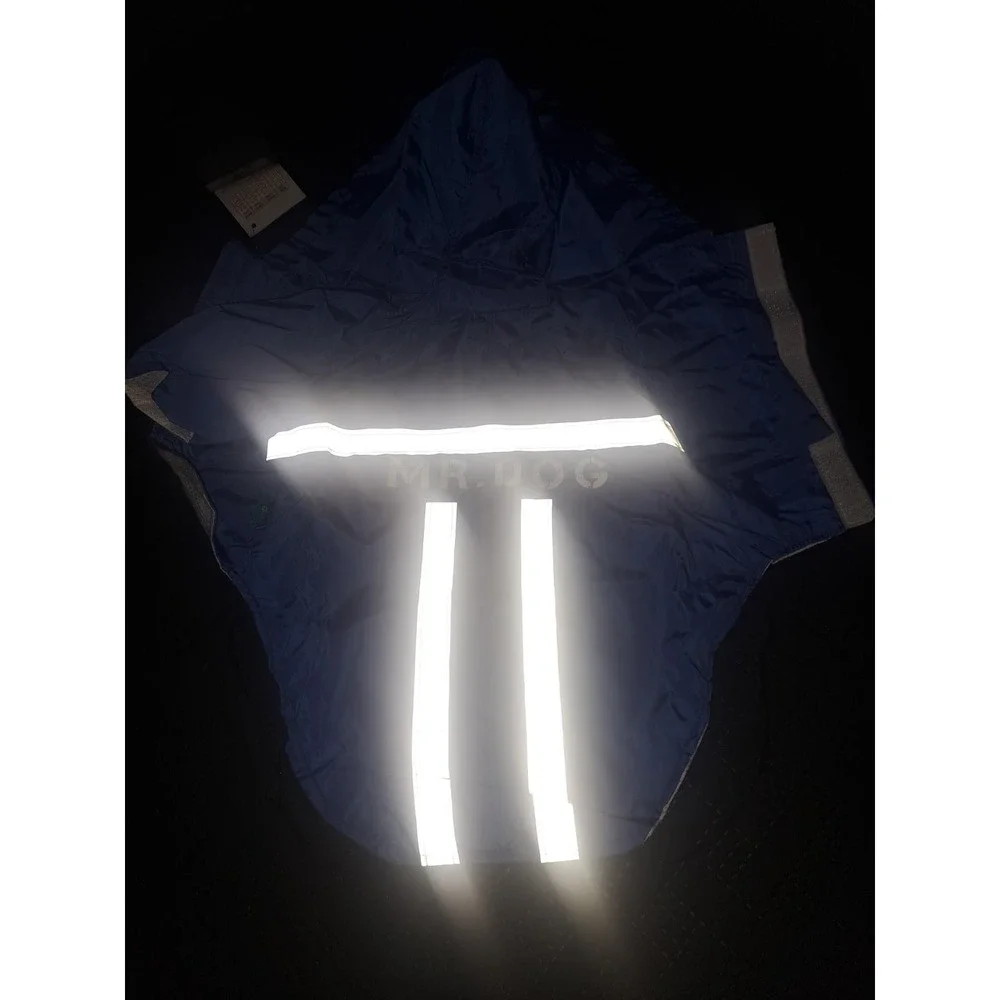 NIB-Sz L Dog Reflective Rain Jacket with Hood Blue White Gray MR DOG on back